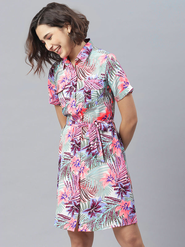 Women's Neon Pink Floral Shirt Dress - StyleStone