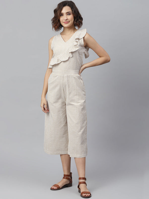 Women's Beige Stripe Seer Sucker One side ruffle Jumpsuit - StyleStone