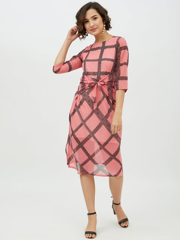 Women's Pink Check front Tie Knot Midi Dress - StyleStone