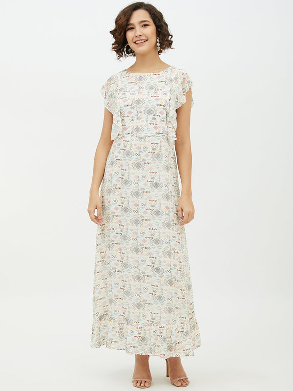 Women's White Printed long Dress - StyleStone