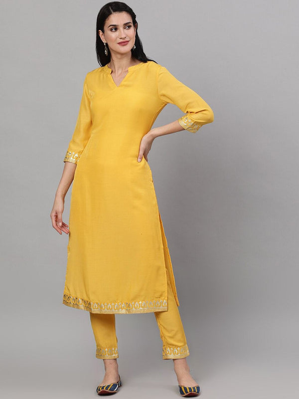 Women's  Yellow & Gold-Toned Embroidered Kurta with Trousers - AKS