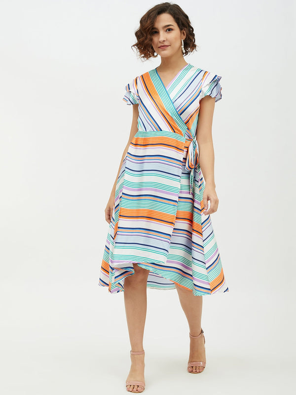 Women's Polyester Satin Striped Wrap Dress - StyleStone