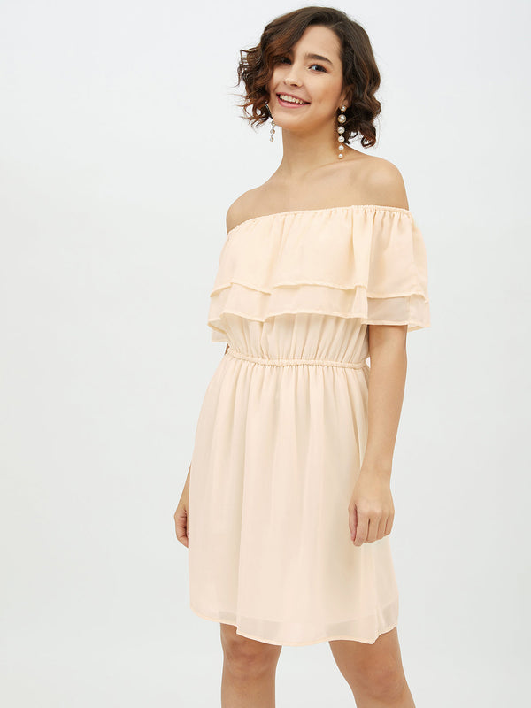 Women's Peach Off -Shoulder Georgette Dress - StyleStone