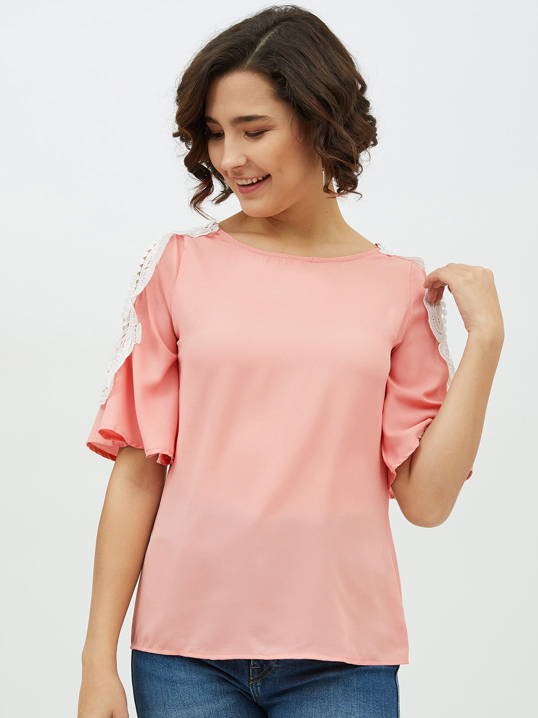 Women's Polyester Moss Top With Shoulder Lace Detail -Stylestone