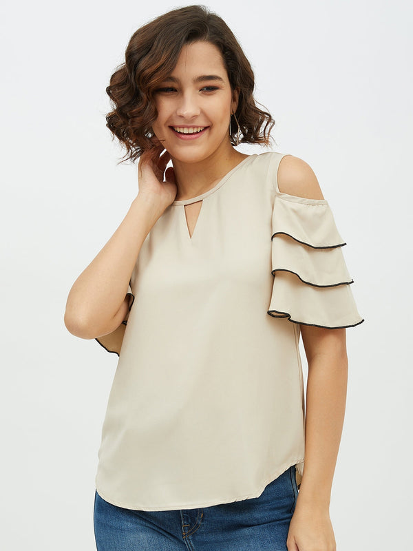 Women's Gold Polyester Moss Tier Sleeve Top - StyleStone