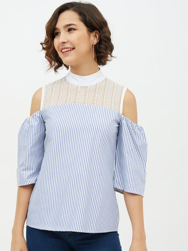 Women's Blue & White Cotton Stripe with Lace detail top - StyleStone