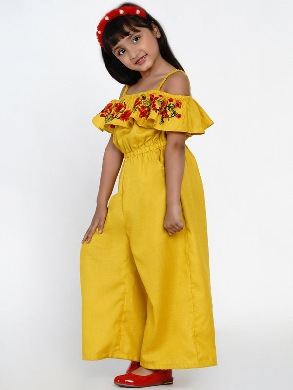 Girl's Mustard & Red Basic Jumpsuit with Embroidered - NOZ2TOZ KIDS