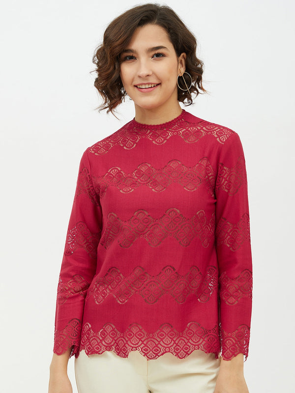 Women's Maroon Self Detail Lace Top - StyleStone