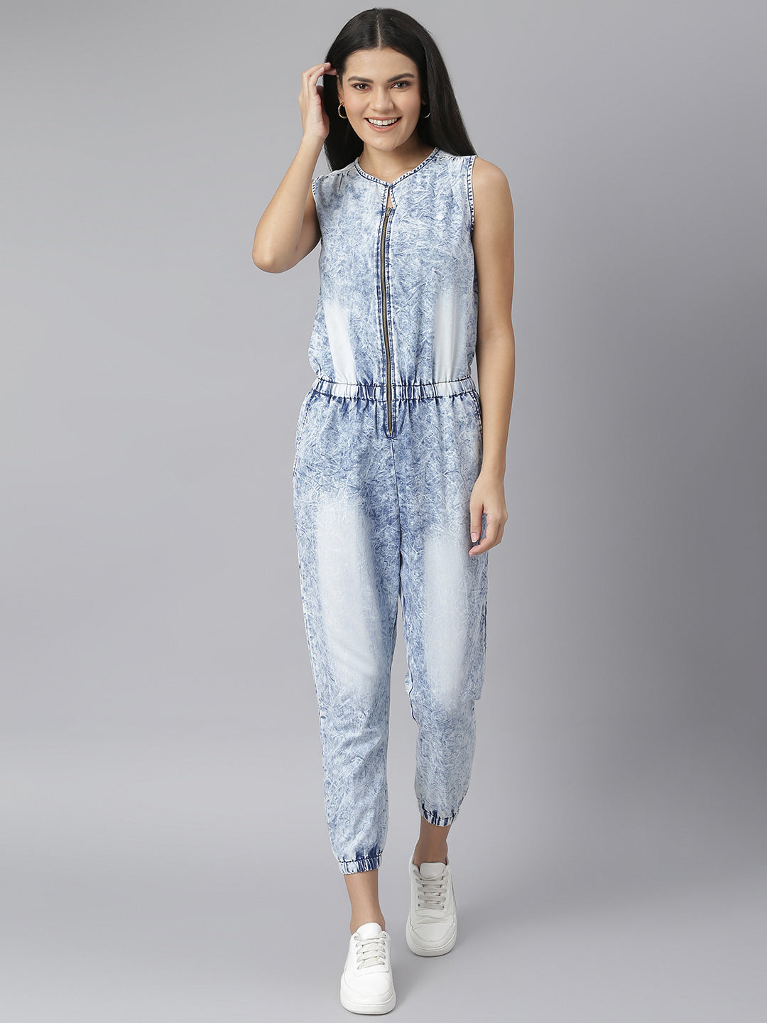 Women's Ice Blue Denim Jumpsuit With Front Zip -Stylestone