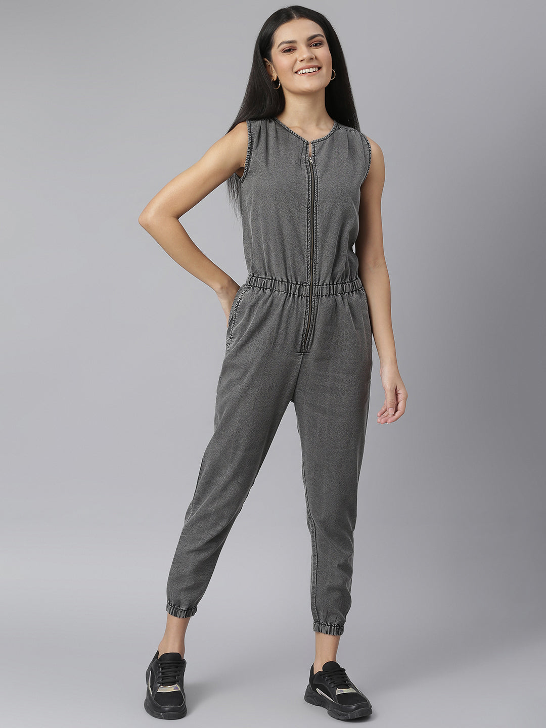 Women's Grey Denim Jumpsuit With Front Zip -Stylestone