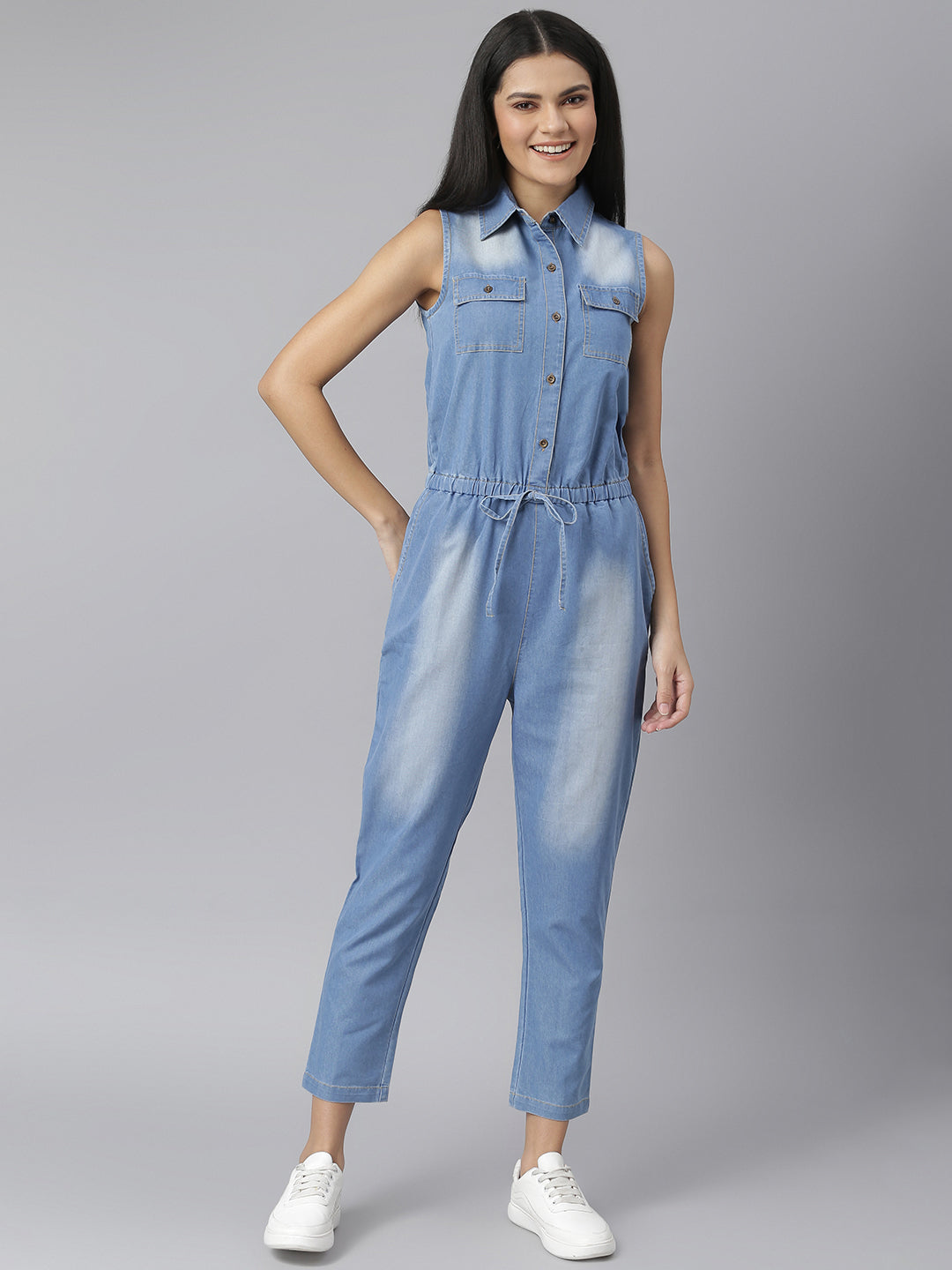 Women's Ice Blue Denim Jumpsuit - Stylestone