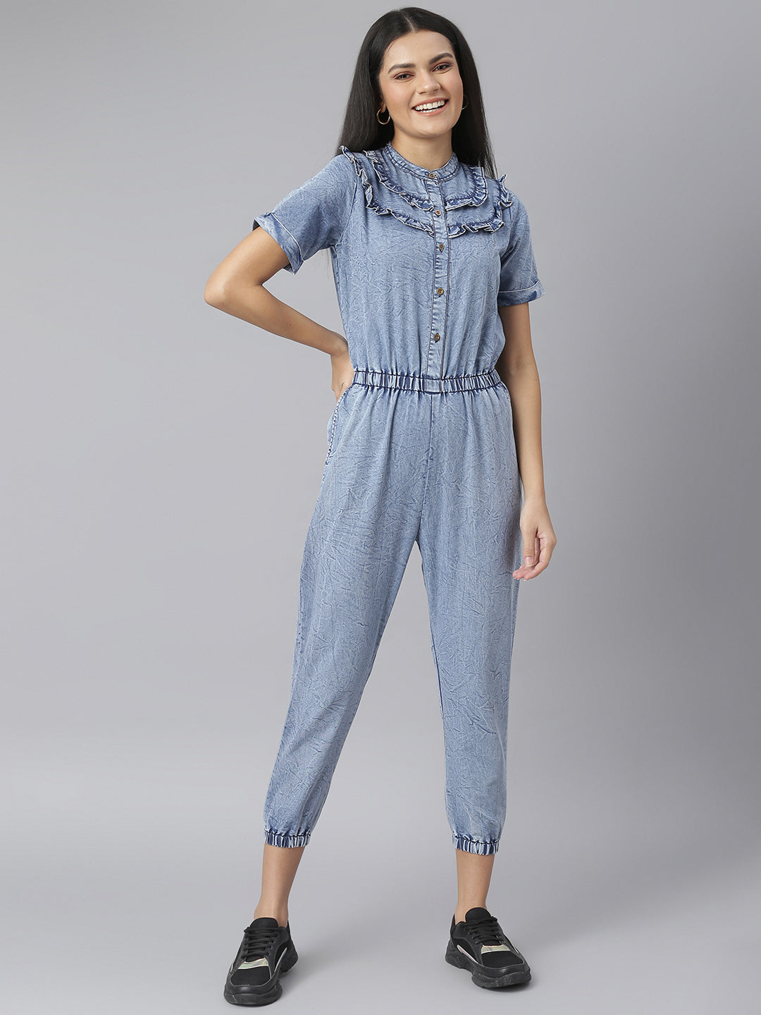 Women's Ruffled Denim Jumpsuit With Front Button - Stylestone