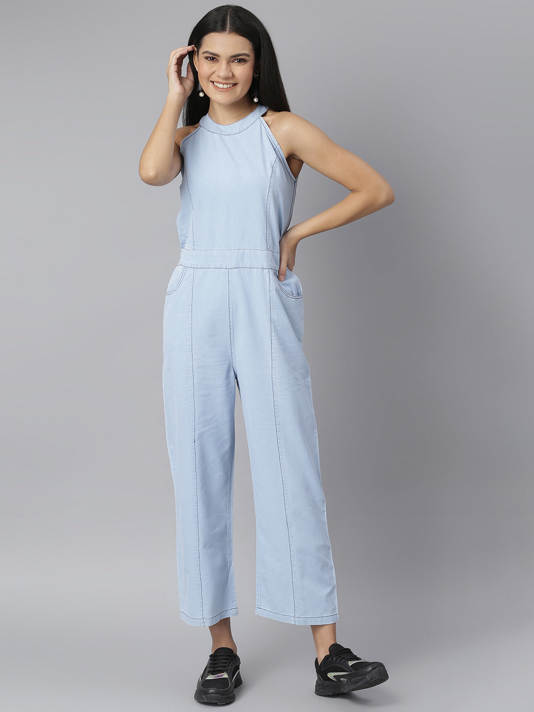 Women's Denim Jumpsuit With Incut Sleeve - Stylestone