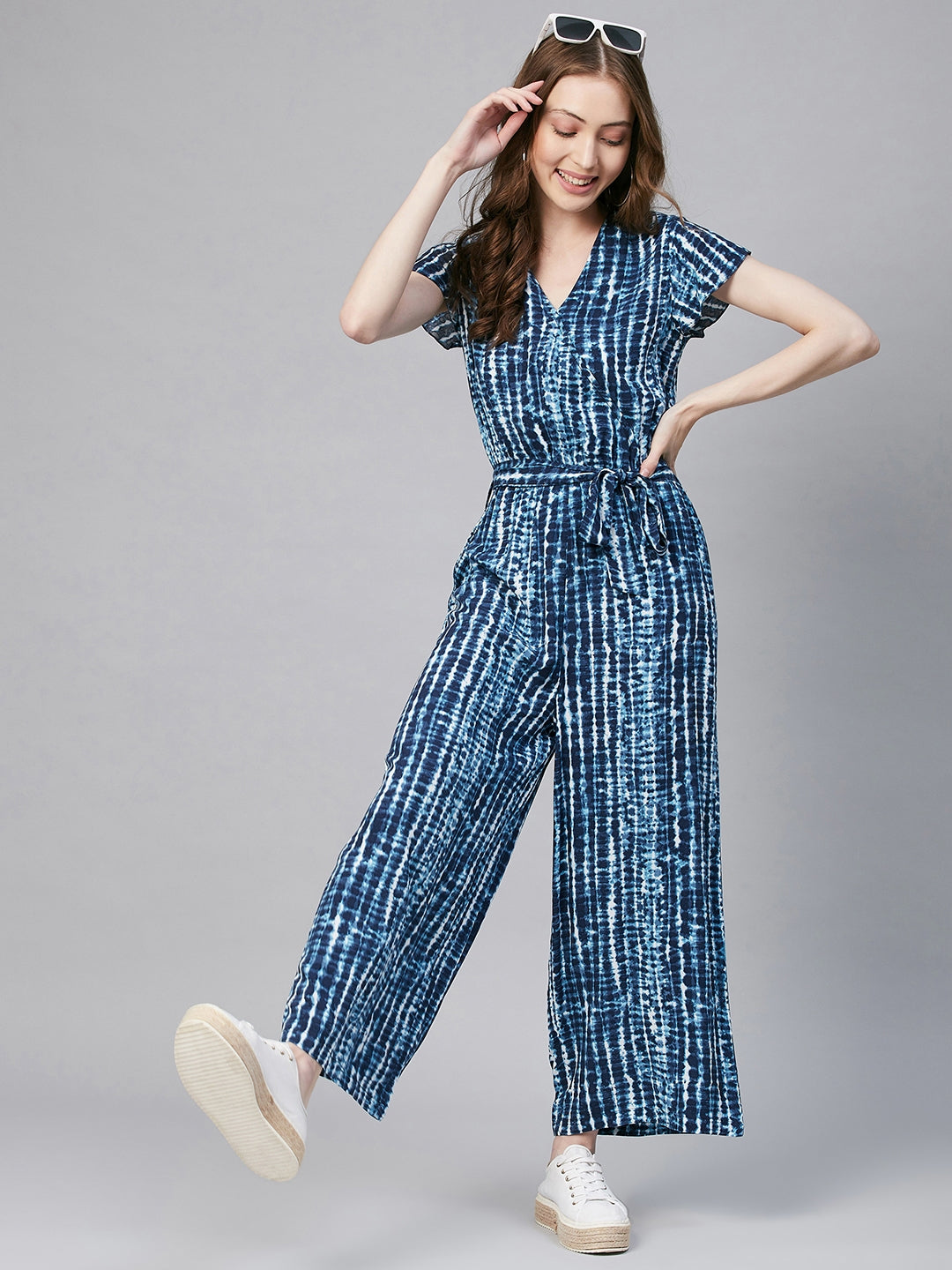 Women's Blue Tie & Dye Print Overlap Jumpsuit - Stylestone