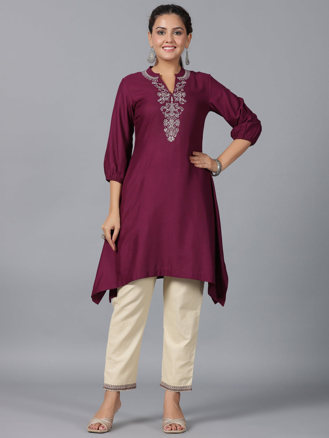 Women's Maroon Rayon Embroidered Asymmetric Kurta & Pants Set - Juniper