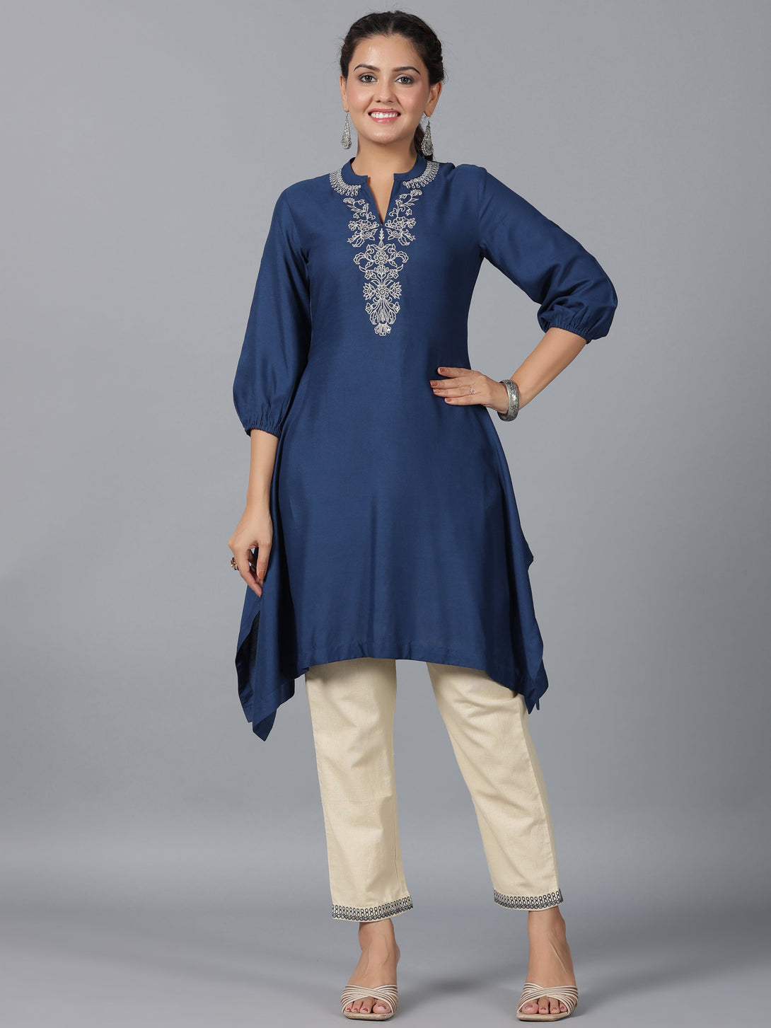 Women's Navy Blue Rayon Embroidered Asymmetric Kurta & Pants Set - Juniper