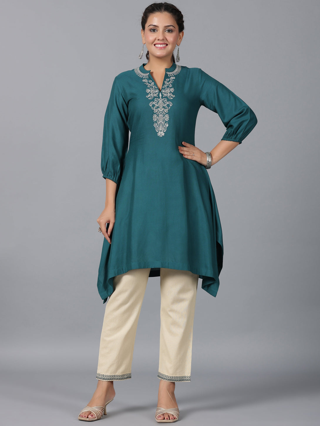 Women's Teal Rayon Embroidered Asymmetric Kurta & Pants Set - Juniper