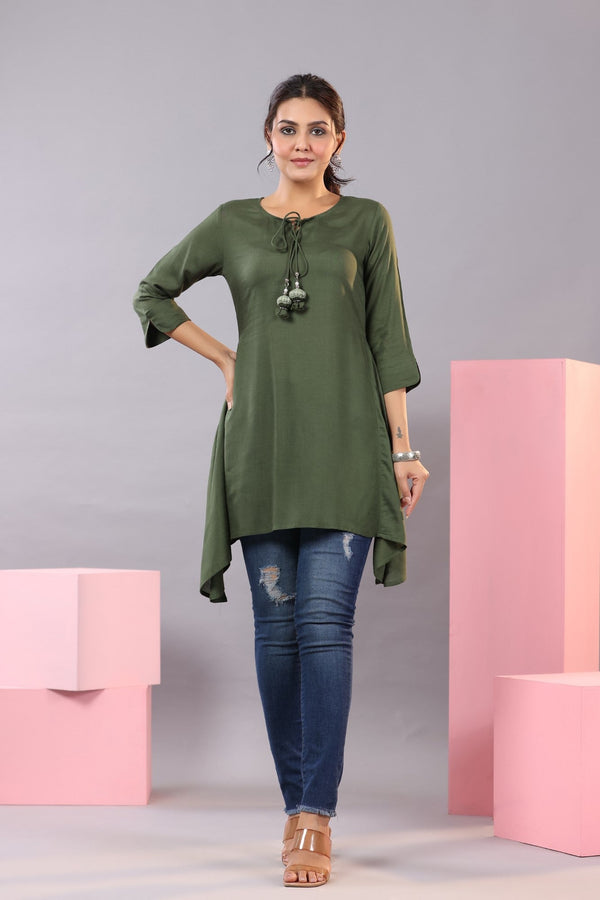 Jashvi Women Olive Rayon Solid Asymmetric Kurta