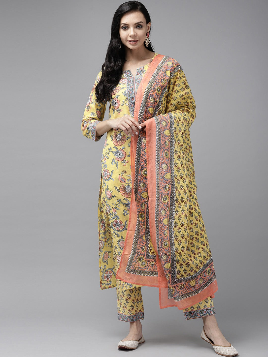 Women's Yellow Printed Kurta With Palazzo & Dupatta Set - Yufta