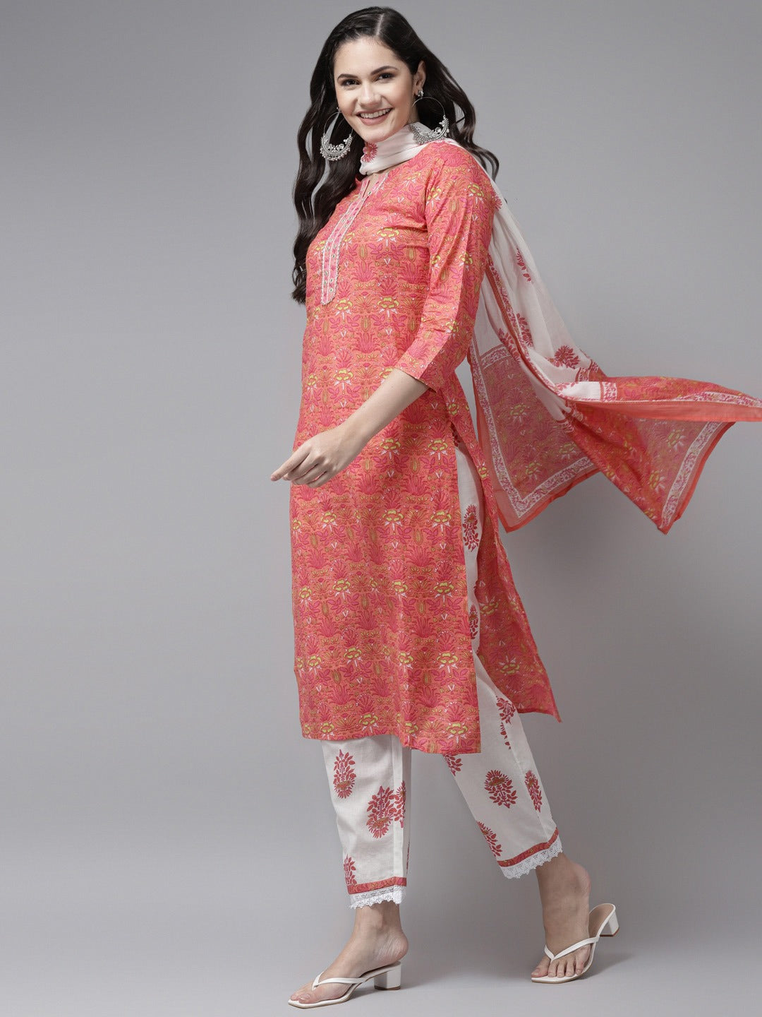 Women's Pink & White Ethnic Motifs Printed Mirror Work Kurta With Palazzos & Dupatta - Yufta