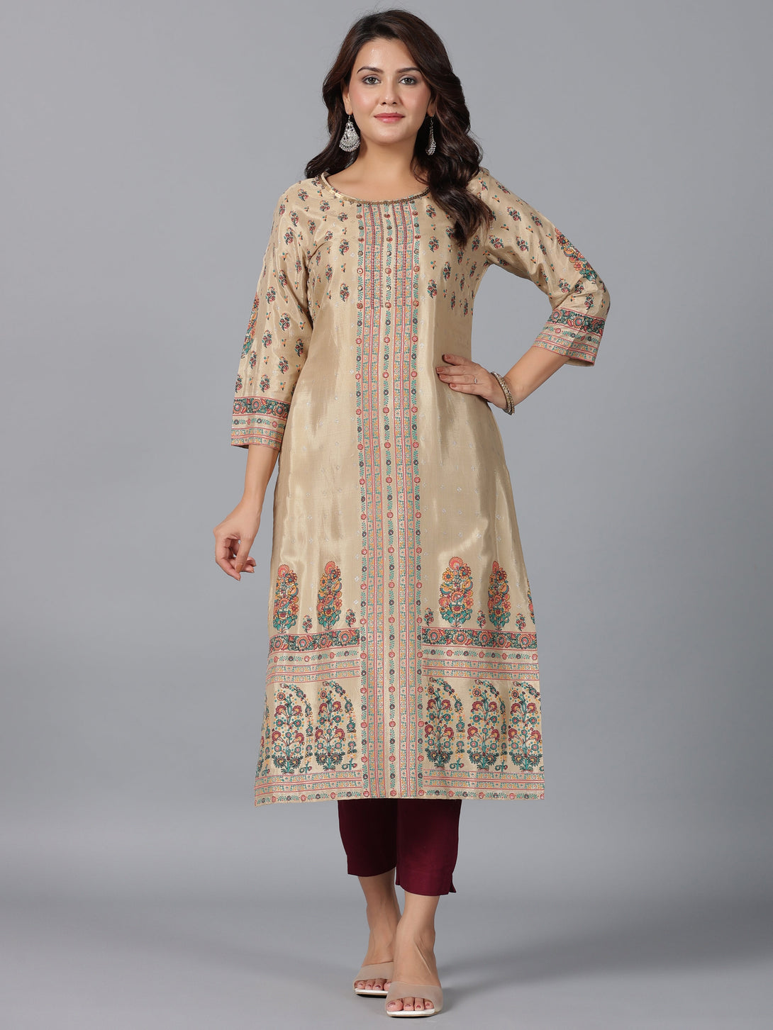 Women's Beige Shantoon Printed Straight Kurta - Juniper