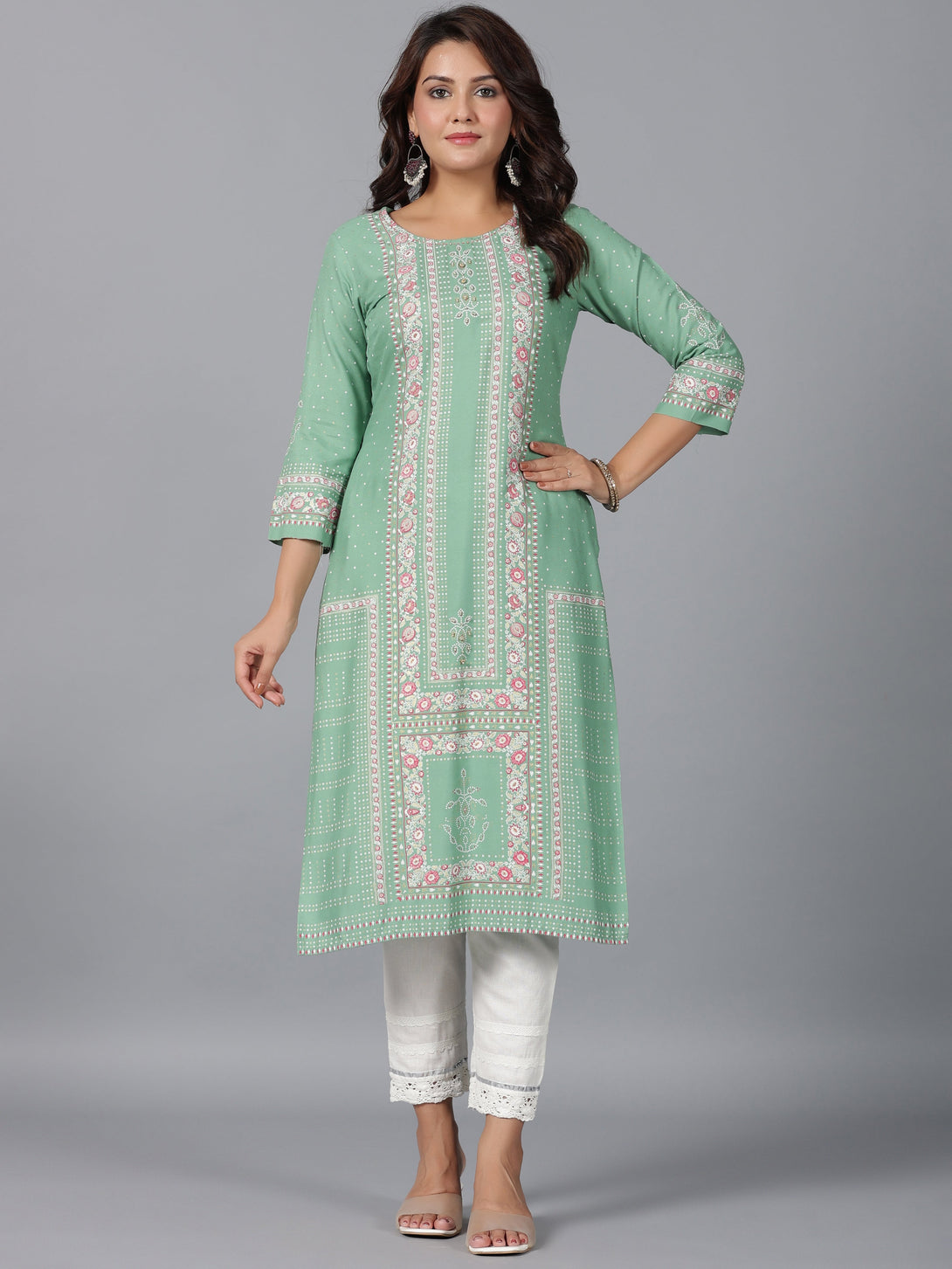 Women's Sage Green Rayon Printed Straight Kurta - Juniper