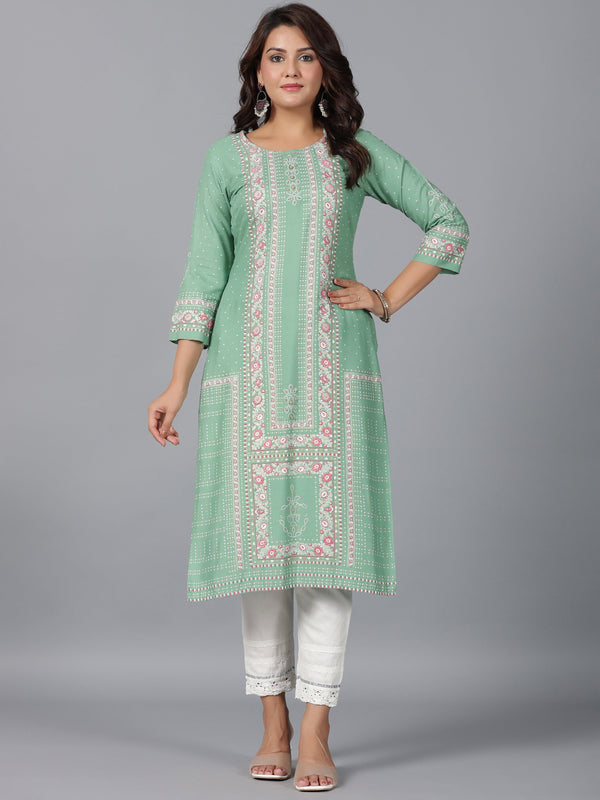 Jashvi Sage Green Floral Printed Rayon Straight Kurta With Beads