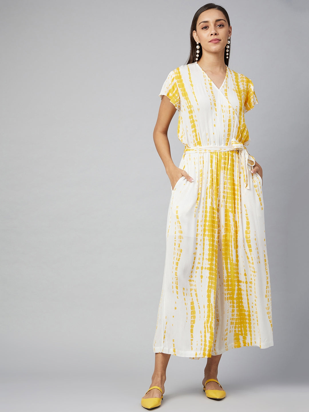 Women's Yellow Tie & Dye Rayon Printed Jumpsuit - Stylestone