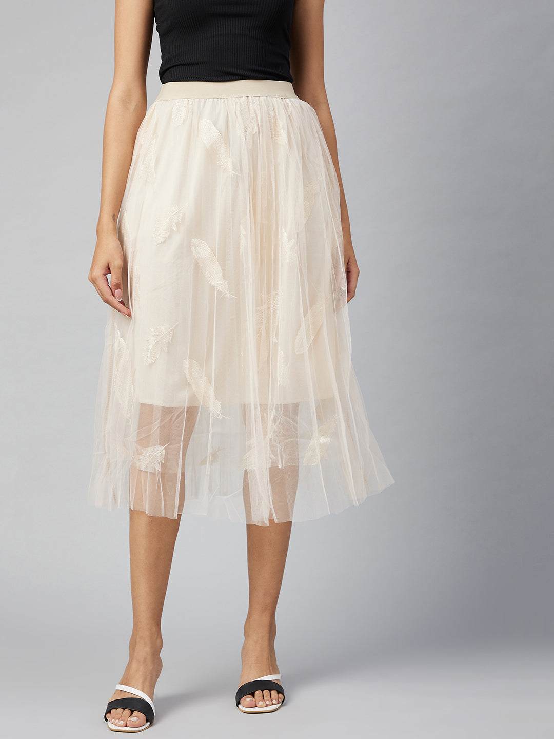 Women's Beige Self Embroidered Net Skirt With Lining - Stylestone