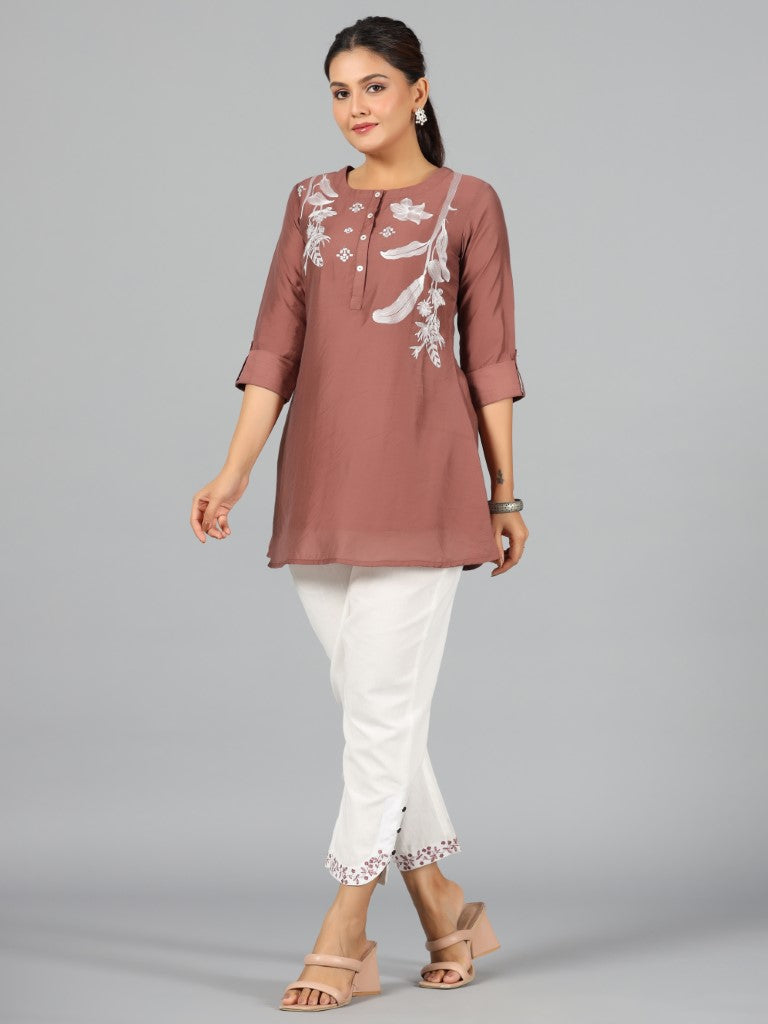 Women's Brown Chanderi Embroidered Clothing Set - Juniper