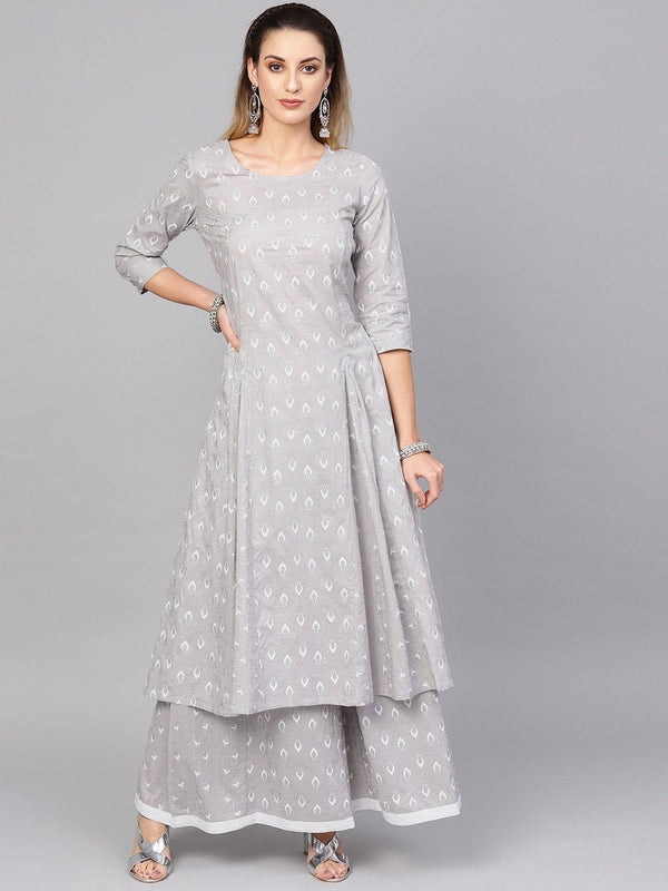 Women's  Grey & White Khari Print Kurta with Palazzos - AKS