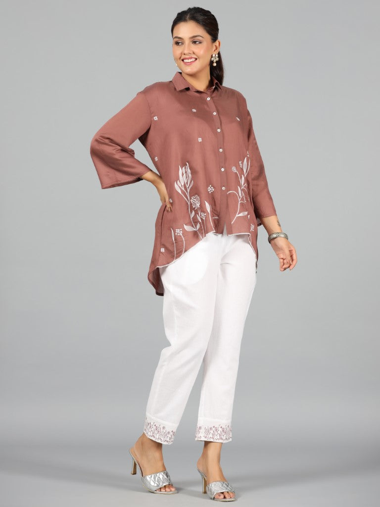 Women's Juniper Brown Fuchsia Chanderi Embroidered Clothing Set - Juniper