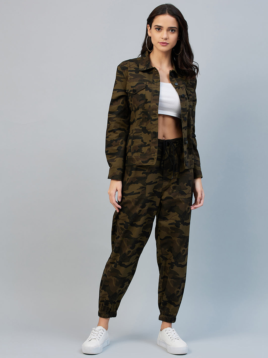 Women's Army Print Cotton Twill Jacket And Jogger Set - Stylestone