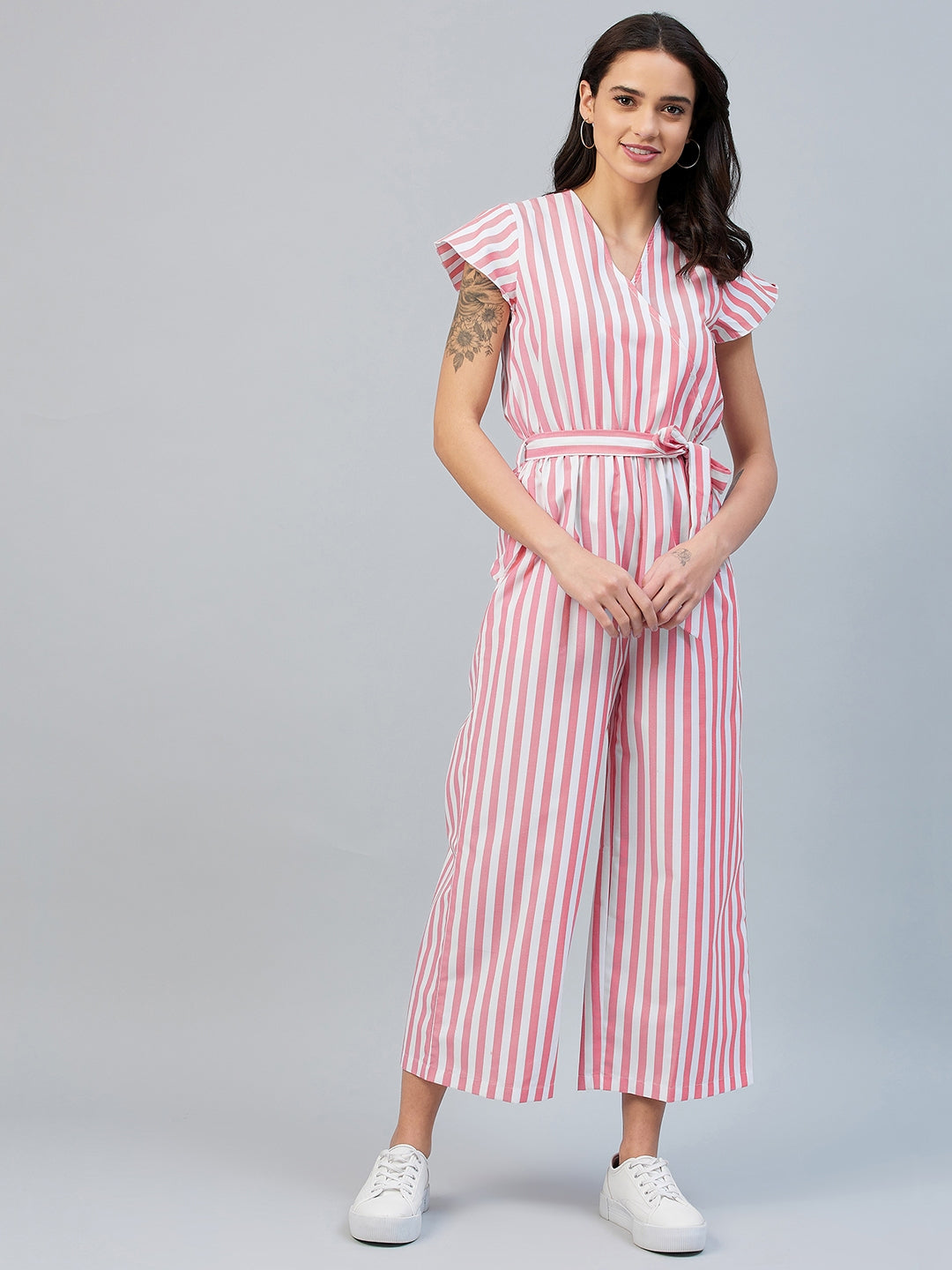 Women's Pink Stripe Wrap Style Jumpsuit - Stylestone