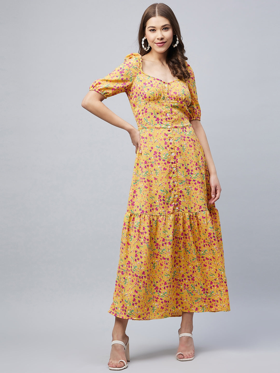 Women's Yellow Polyester Moss Floral Maxi Dress - Stylestone