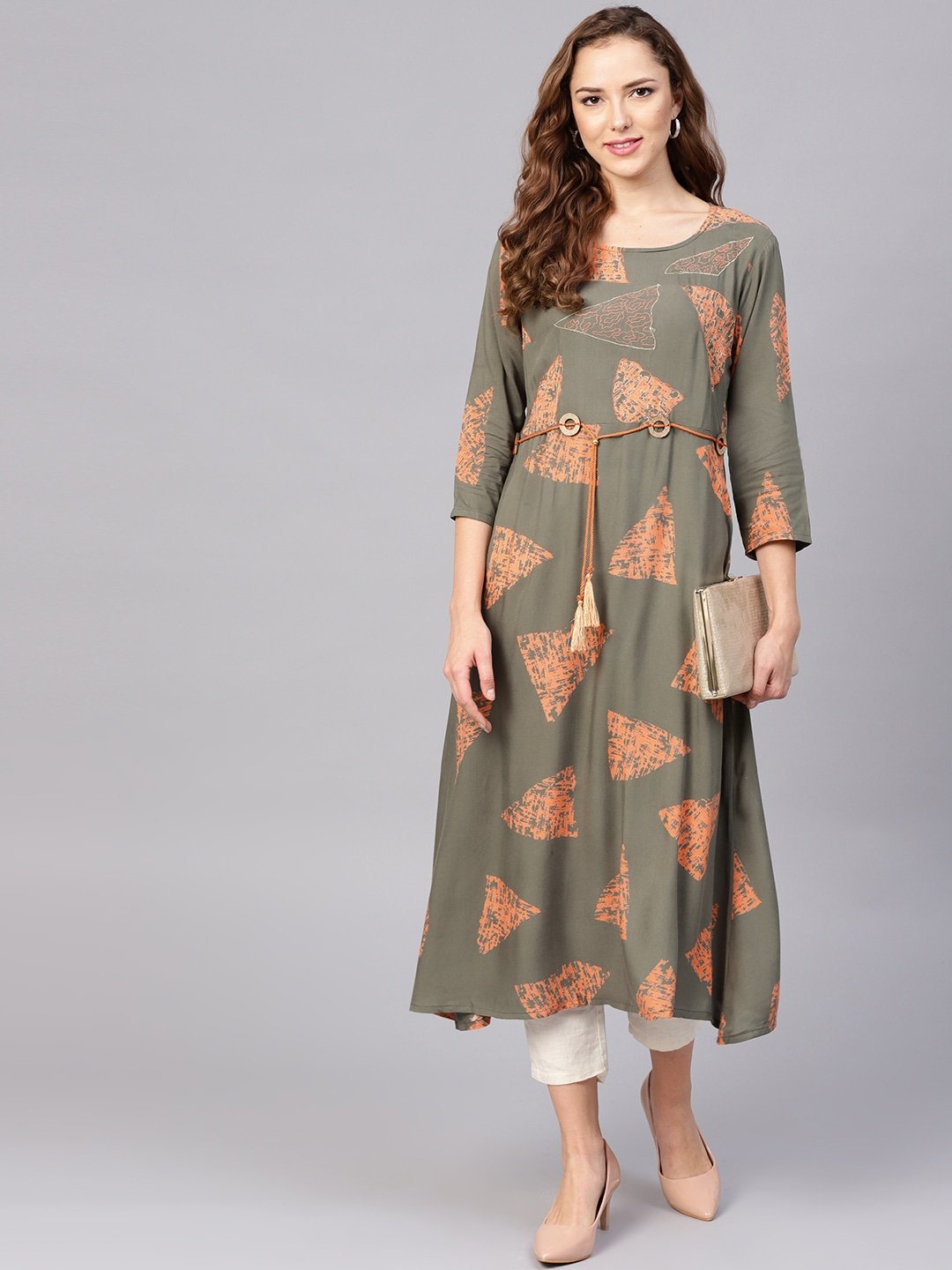 Women's Olive Green & Orange A-Line Kurta - Yufta