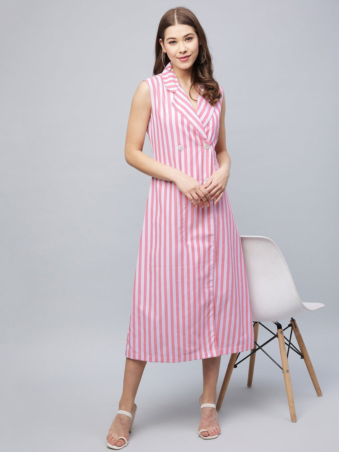 Women's Pink Striped Blazer Midi Dress - Stylestone