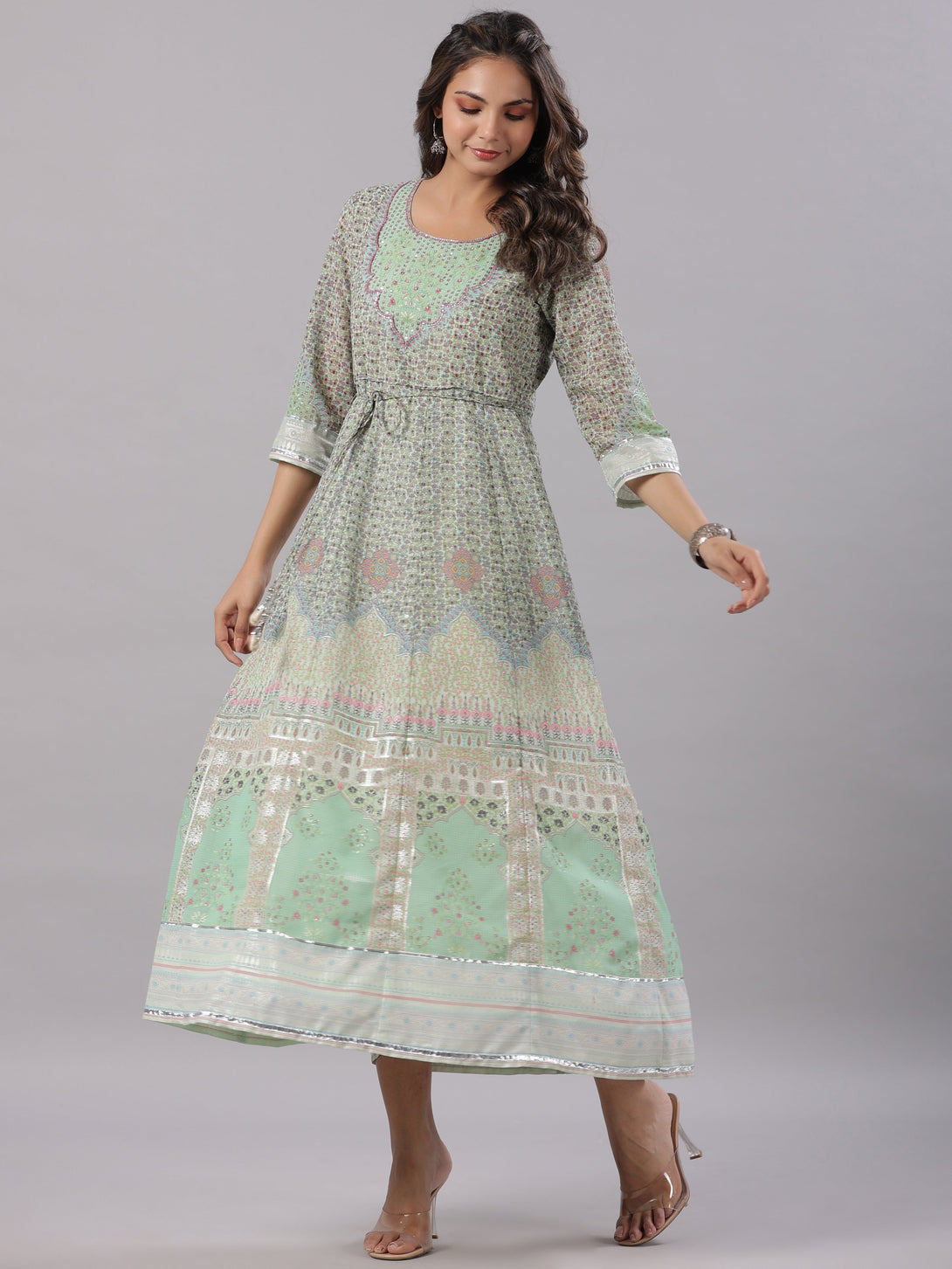 Women's Green Georgette Printed Maxi Dress - Juniper