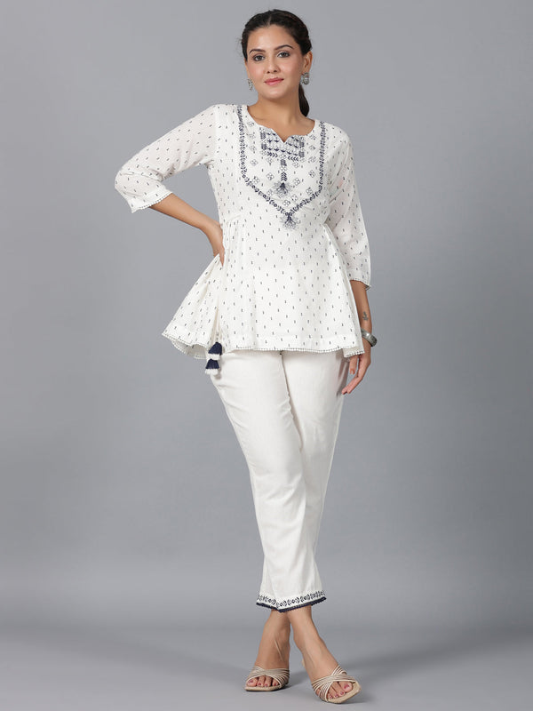 Women's Off-White Cotton Dobby Embroidered Clothing Set - Juniper