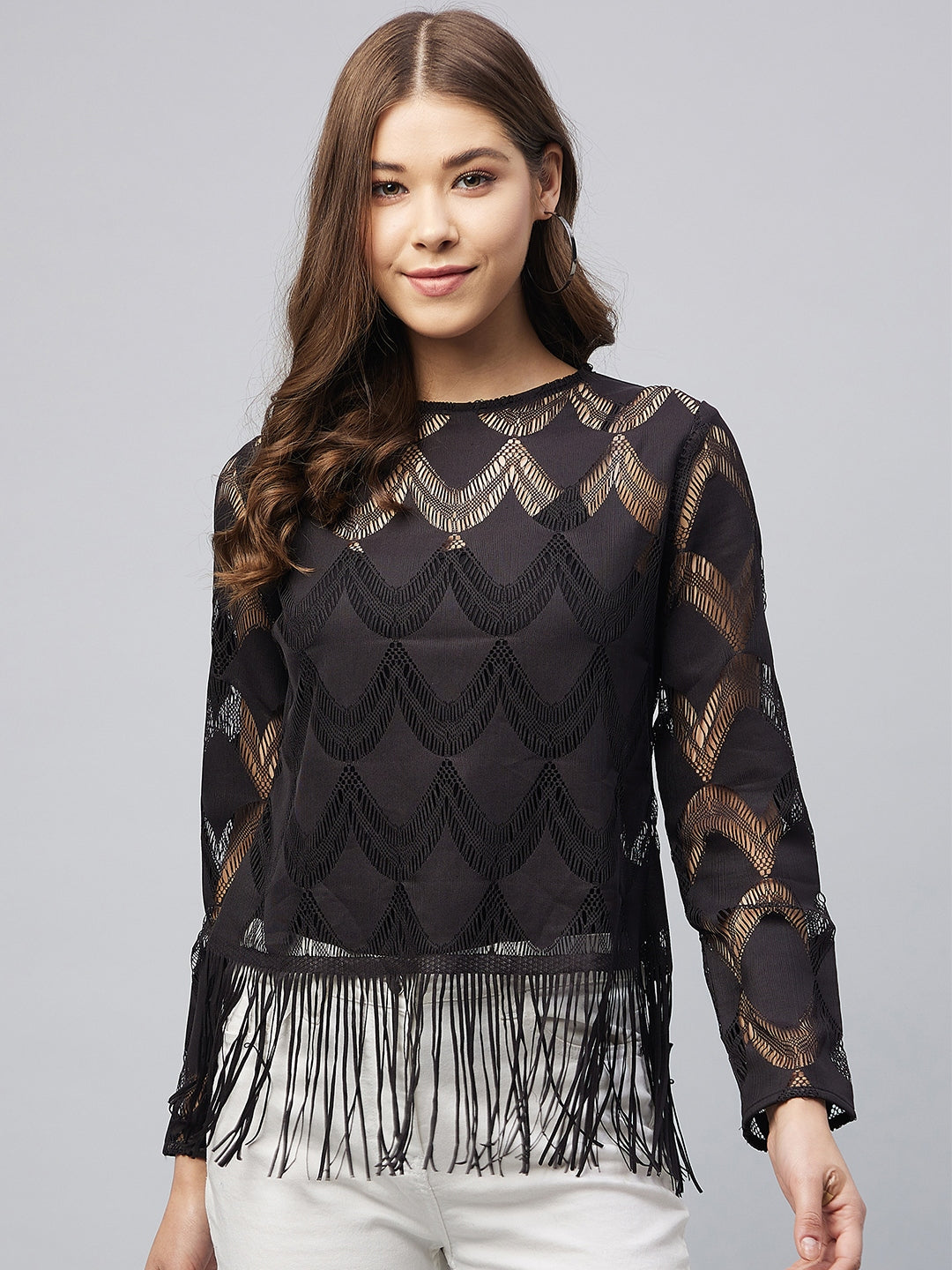 Women's Black Sheer Lace Top With Fringes (Inner Not Provided) - Stylestone