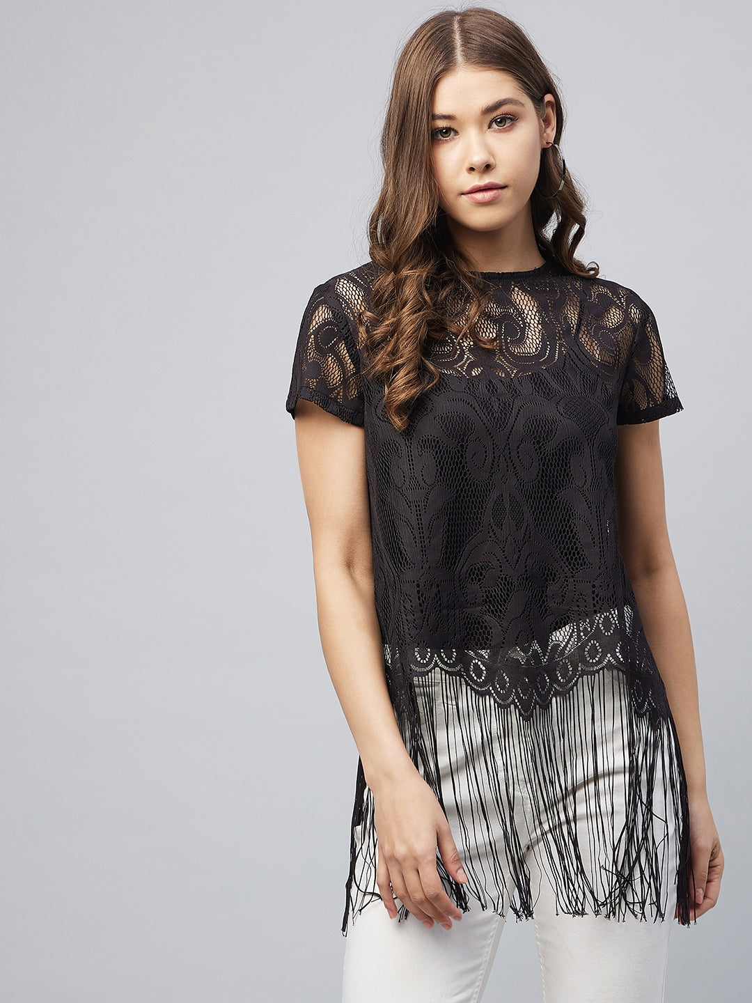 Women's Black Sheer Lace Top With Fringes (Inner Not Provided) - Stylestone