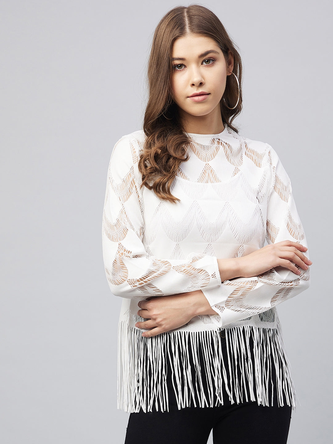 Women's White Sheer Lace Top With Fringes (Inner Not Provided) - Stylestone