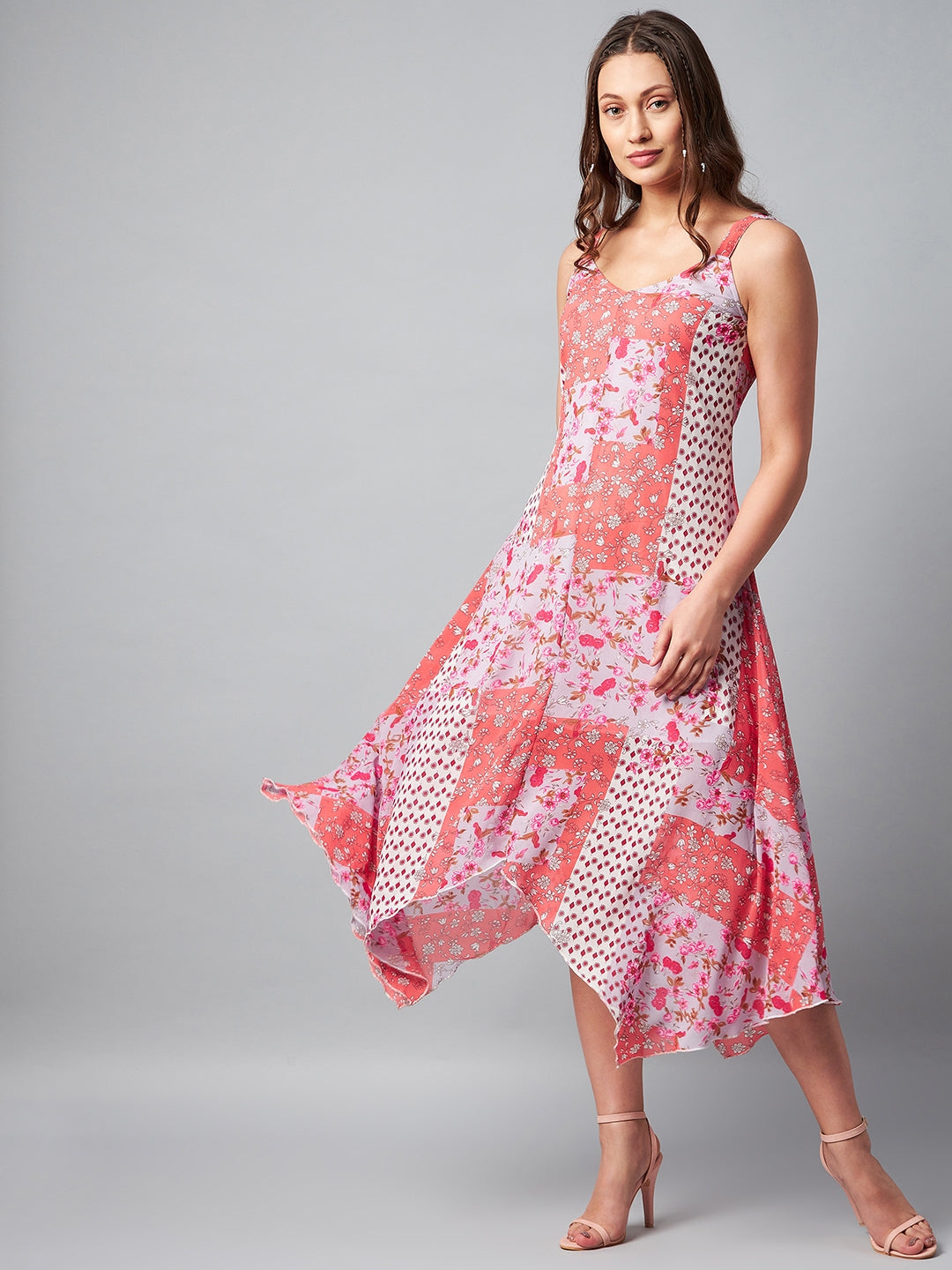 Women's Asymmetric Pink Tile Print Dress - Stylestone