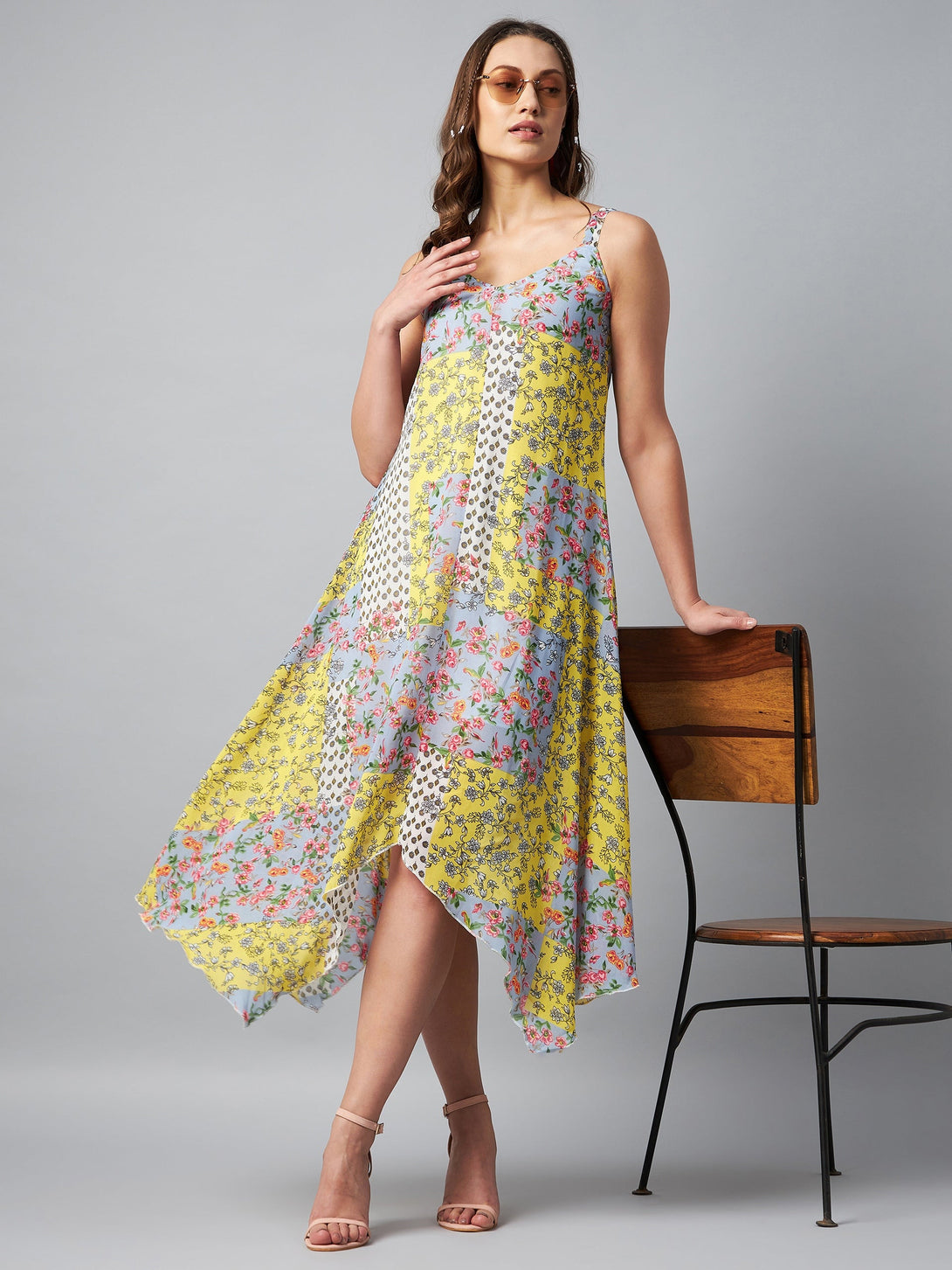 Women's Asymmetric Yellow Tile Print Dress - Stylestone