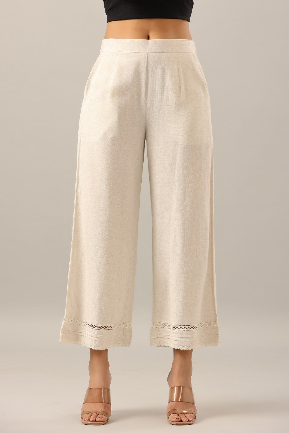 Women's Off-White Rayon Flax Solid Palazzo - Juniper