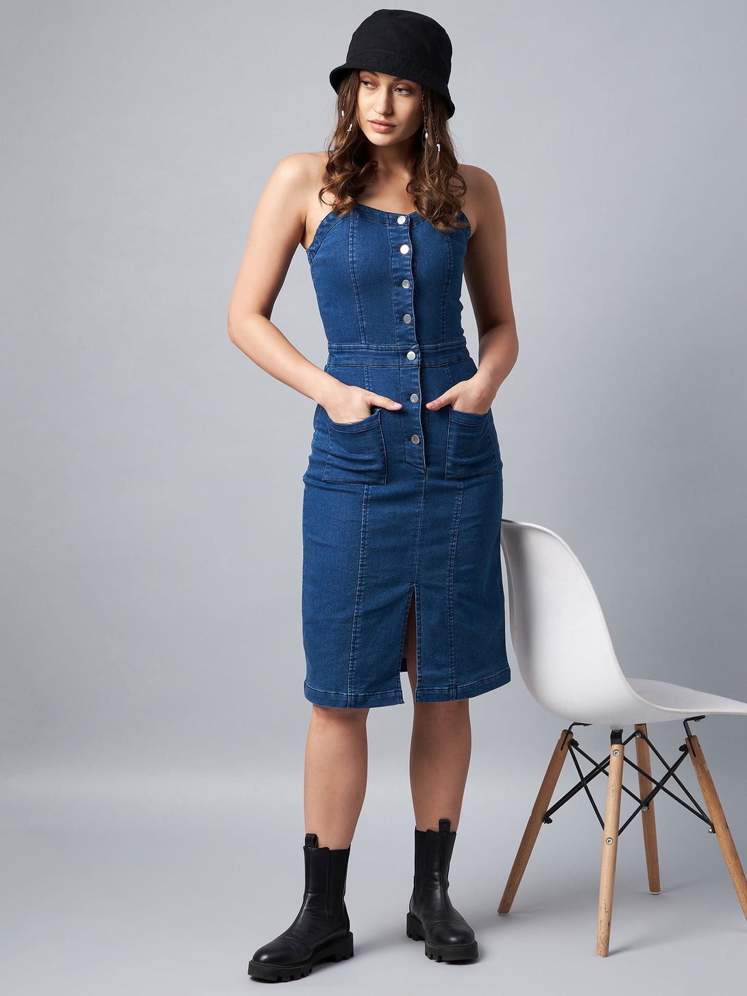 Women's Washed Blue Denim Lycra Fitted Dress - Stylestone