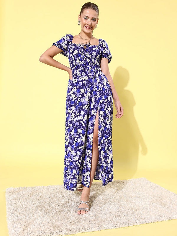 Women's Blue Floral Maxi Dress with Puffed Sleeve - StyleStone