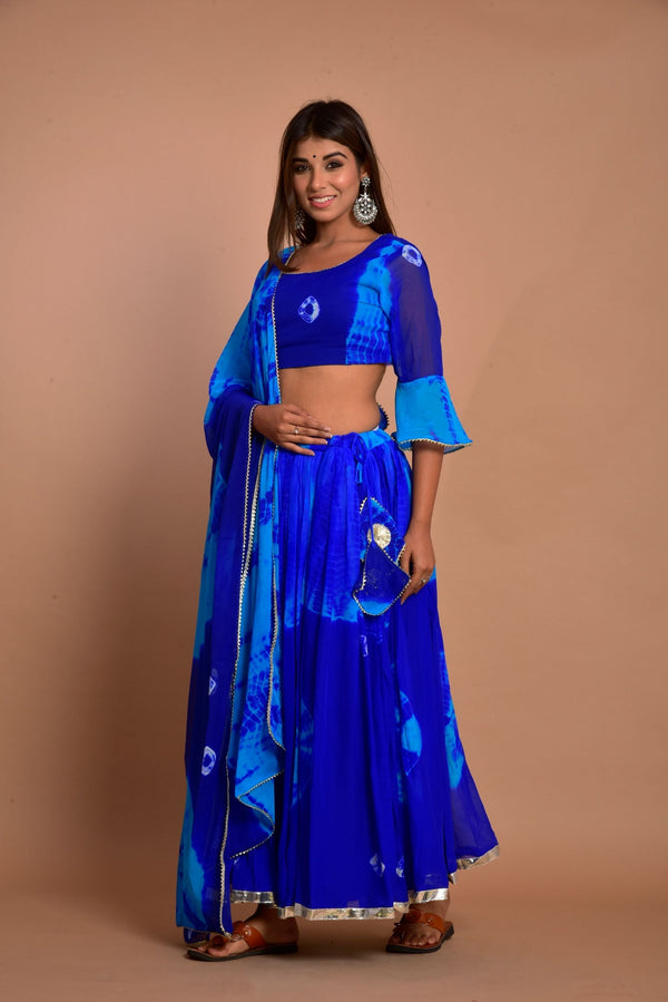 Women's Blue Hand Tie And Die Lehenga Set - Saras The Label