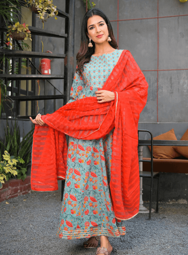 Women's Grey & Orange Printed Anarkali Kurta & Trousers With Embroidery Dupatta Set - Yufta