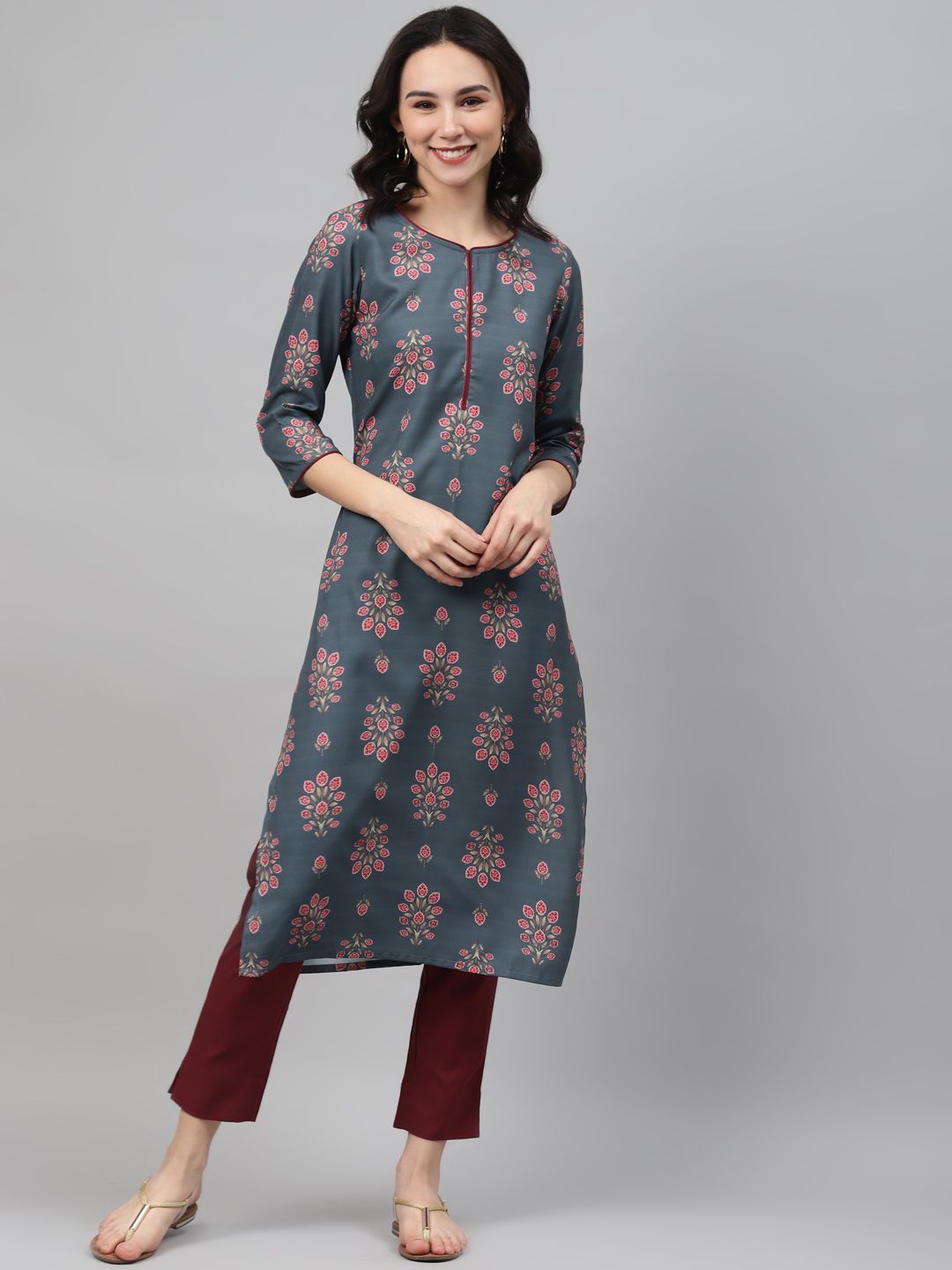 Women Grey Printed Kurta And Pant Set by Ziyaa (2 Pc Set)